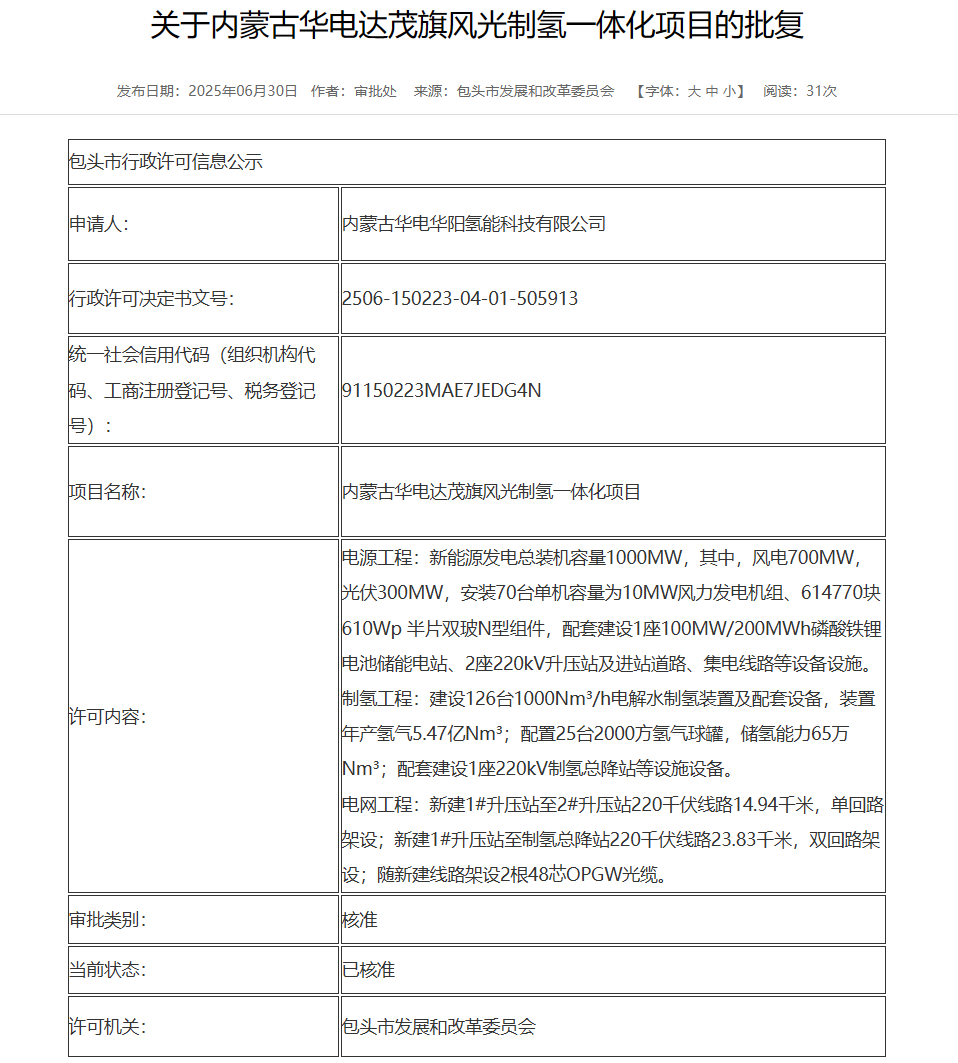 70臺10MW！華電風(fēng)光制氫一體化項目獲批復(fù)
