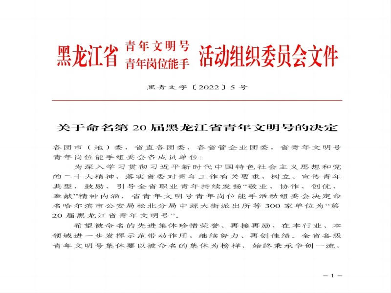 喜報！水利水電集團二公司第一項目部 榮獲“第20屆黑龍江省青年文明號”